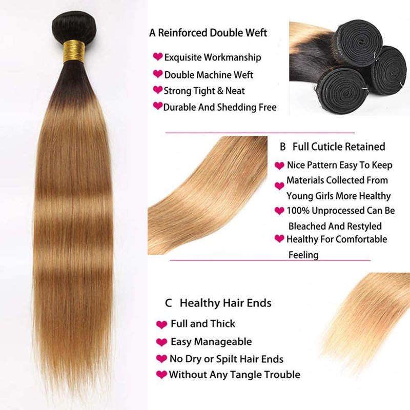 Honey Blonde Human Hair Ombre Bundles - Brazilian Straight Hair Extensions | 10-14 Inch Two Tone Weave
