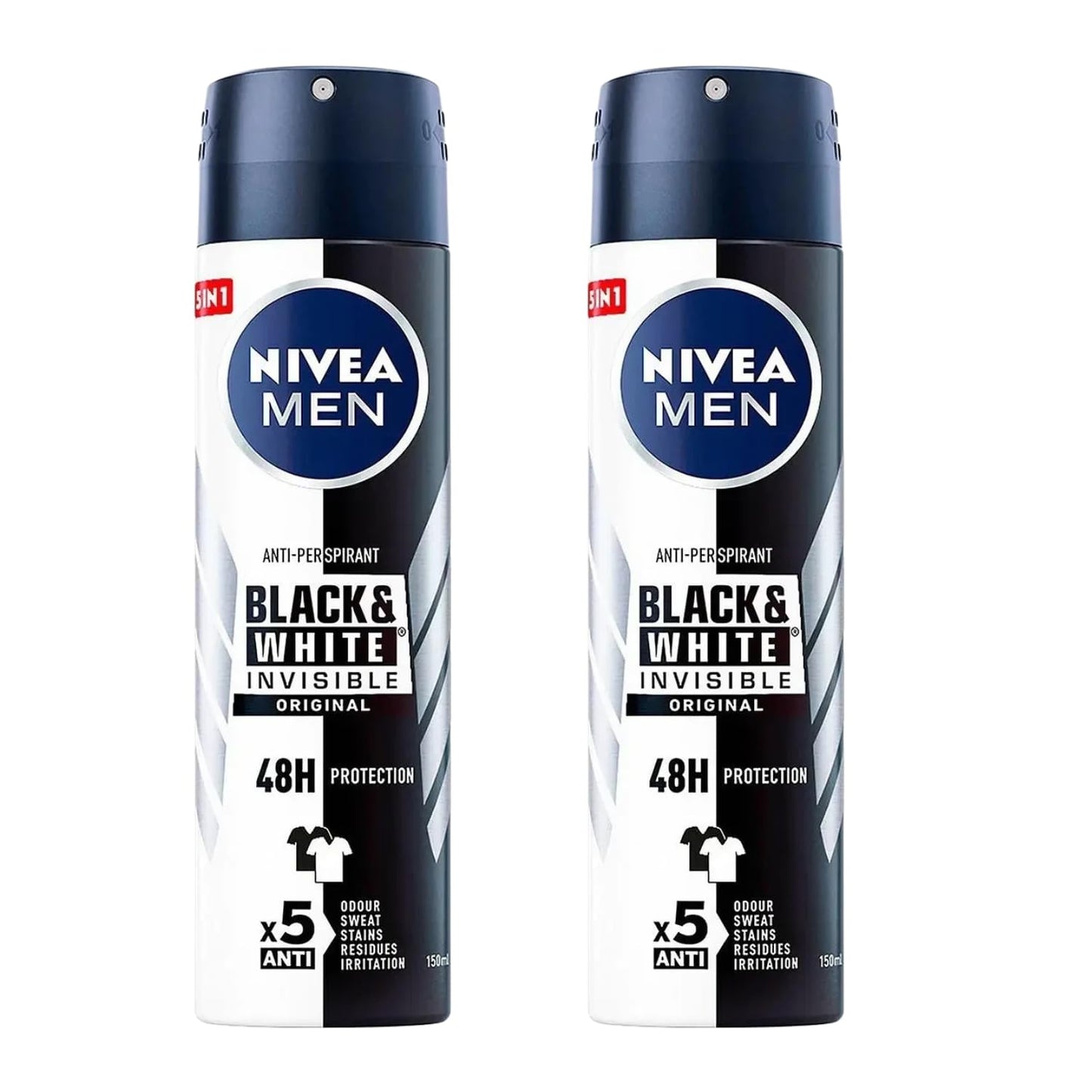 NIVEA Men Invisible for Black & White Original Deodorant Spray 150ml | No White Marks or Yellow Stains | Fresh Scent | Quick-Dry, 2 Packs