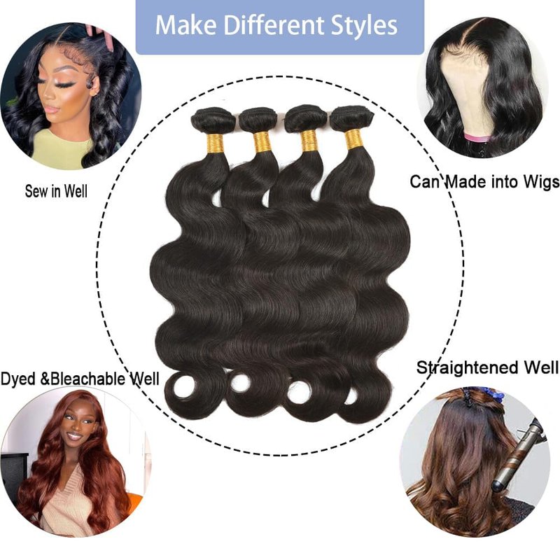 Body Wave Bundles Human Hair 12 14 16 Inch 100% Unprocessed 12A Brazilian Virgin Hair Human Hair Extensions Quick Weave Bundles Double Weft Natural Color