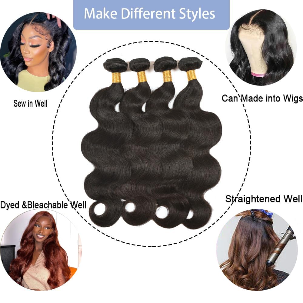 Body Wave Bundles Human Hair 12 14 16 Inch 100% Unprocessed 12A Brazilian Virgin Hair Human Hair Extensions Quick Weave Bundles Double Weft Natural Color
