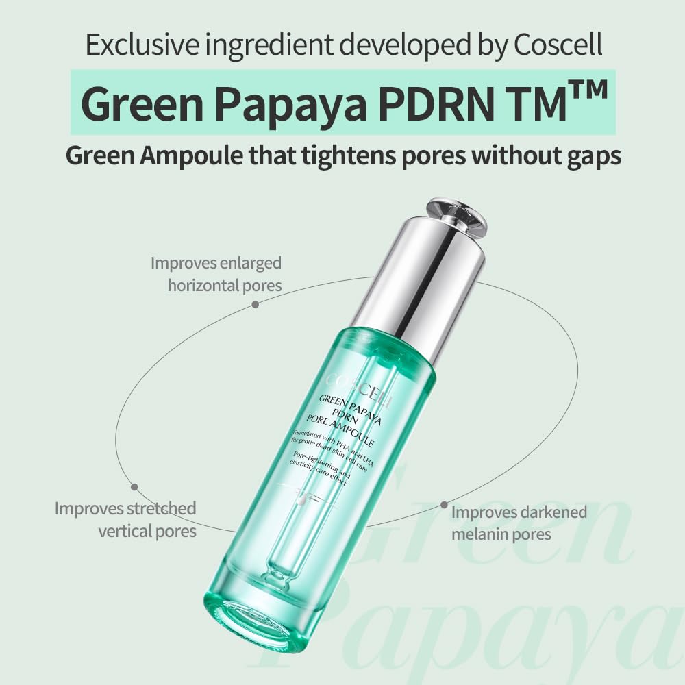 COSCELL Green Papaya PDRN Pore Ampoule - Lightweight Korean Pore Serum for Rough Skin Texture and Daily Hydration, Fresh Non-Sticky Glow Serum 30ml / 1.01 Fl Oz