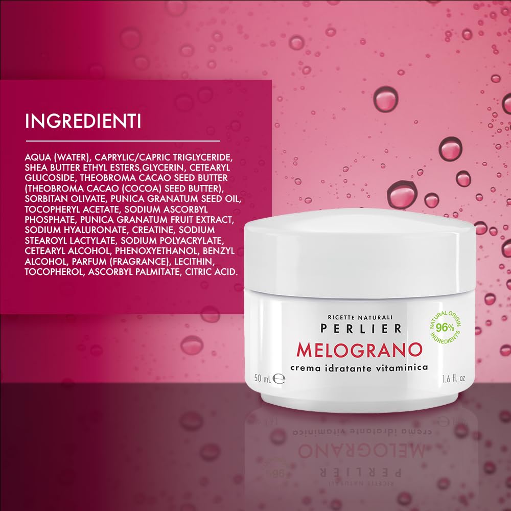 Perlier – Pomegranate Moisturizing Vitamin Face Cream, 1.6 fl oz, Bio-Fermented Pomegranate with Vitamins C & E, Hydrating and Protective Formula, Alcohol-Free, Boosts Radiance and Skin Vitality