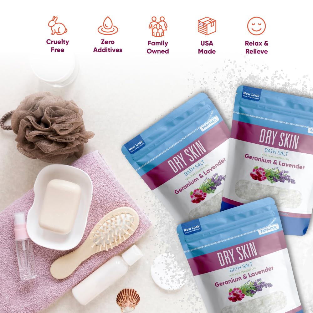 Dry Skin Bath Salt (3 Pack) Skin Soothing Epsom Salt with Pure Essential Oils in BPA Free Pouch with Press Lock Seal Made in USA Three 2 Lbs Pouches 6 Lbs Total
