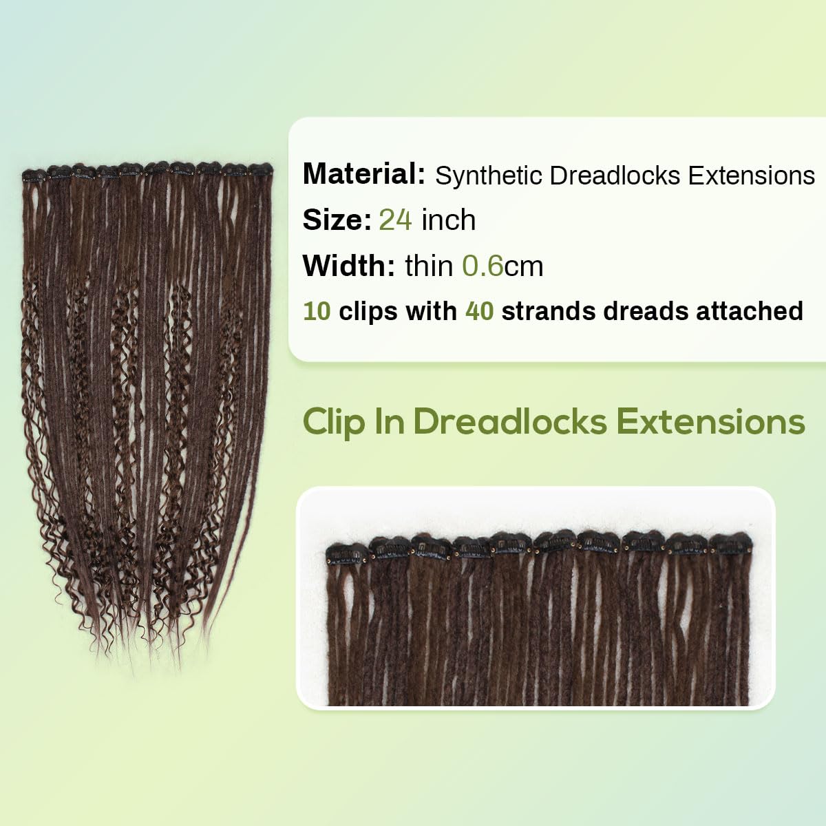 Pouweney 24inch 10PCS Clip in Dreadlock Extensions Full Sets,40 Strands chacobrown Synthetic Clip-in Dreads Extensions for Women,100% Handmade Soft Thin 0.6cm Width Dreadlocks.