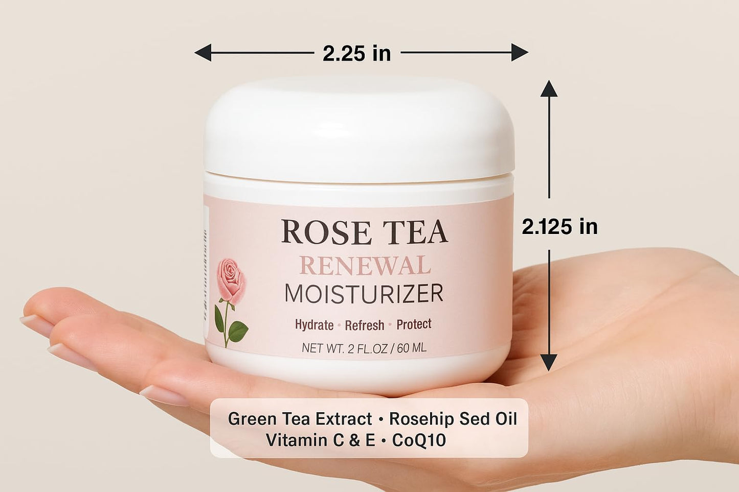 Hope Ridge Naturals Rose Tea Renewal Moisturizer, Antioxidant Daily Face Cream with Green Tea, Rosehip Oil, Vitamin C, CoQ10, Peptides, 2 oz / 60 ml