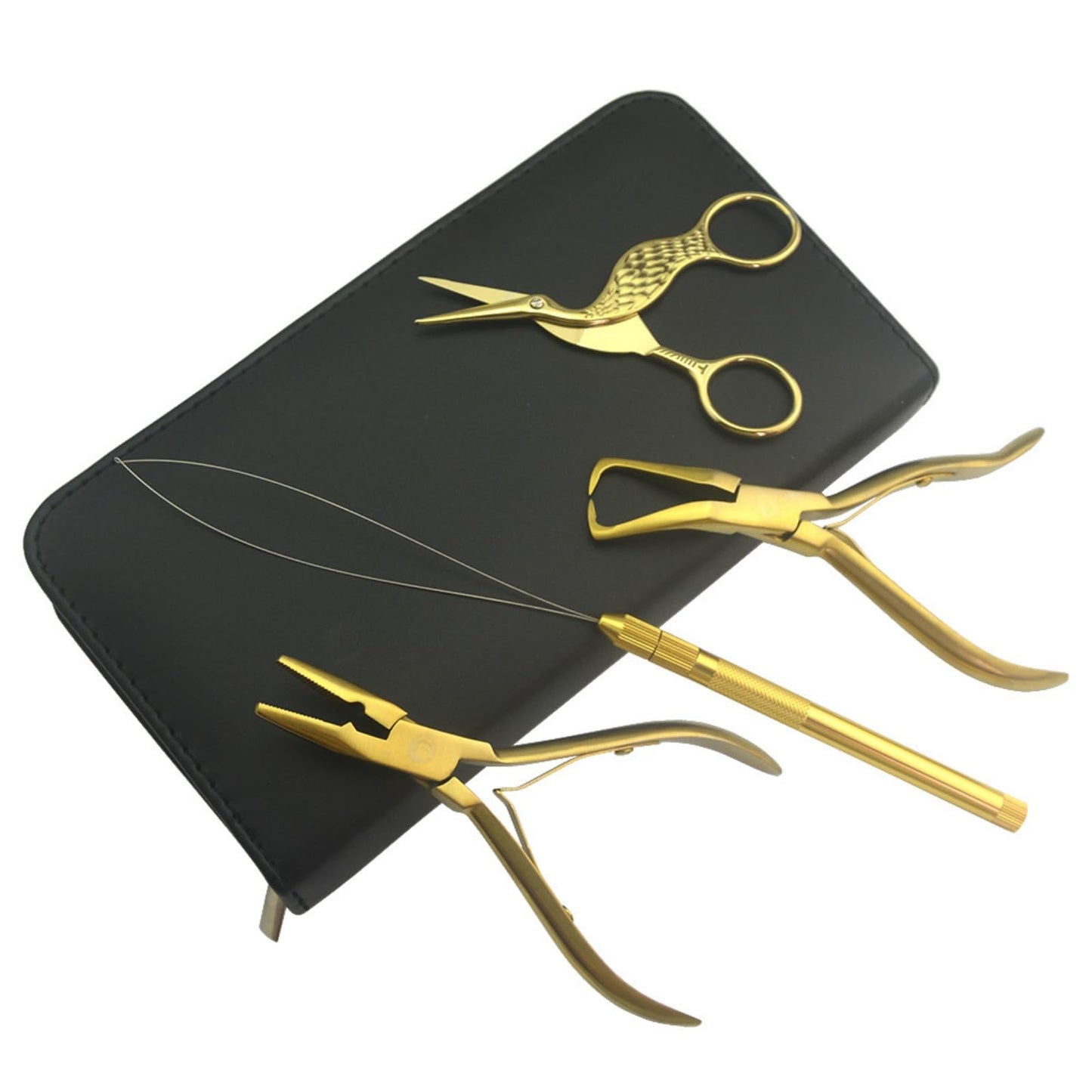 Hair Extension Beading Tool Kit Hair Extensions Micro Link Bead Closer and Remover Pliers and Cutting Scissors Set, Link Micro Ring Loop Needle Pulling Hook Threader Wire for Silicone Rings (Gold)