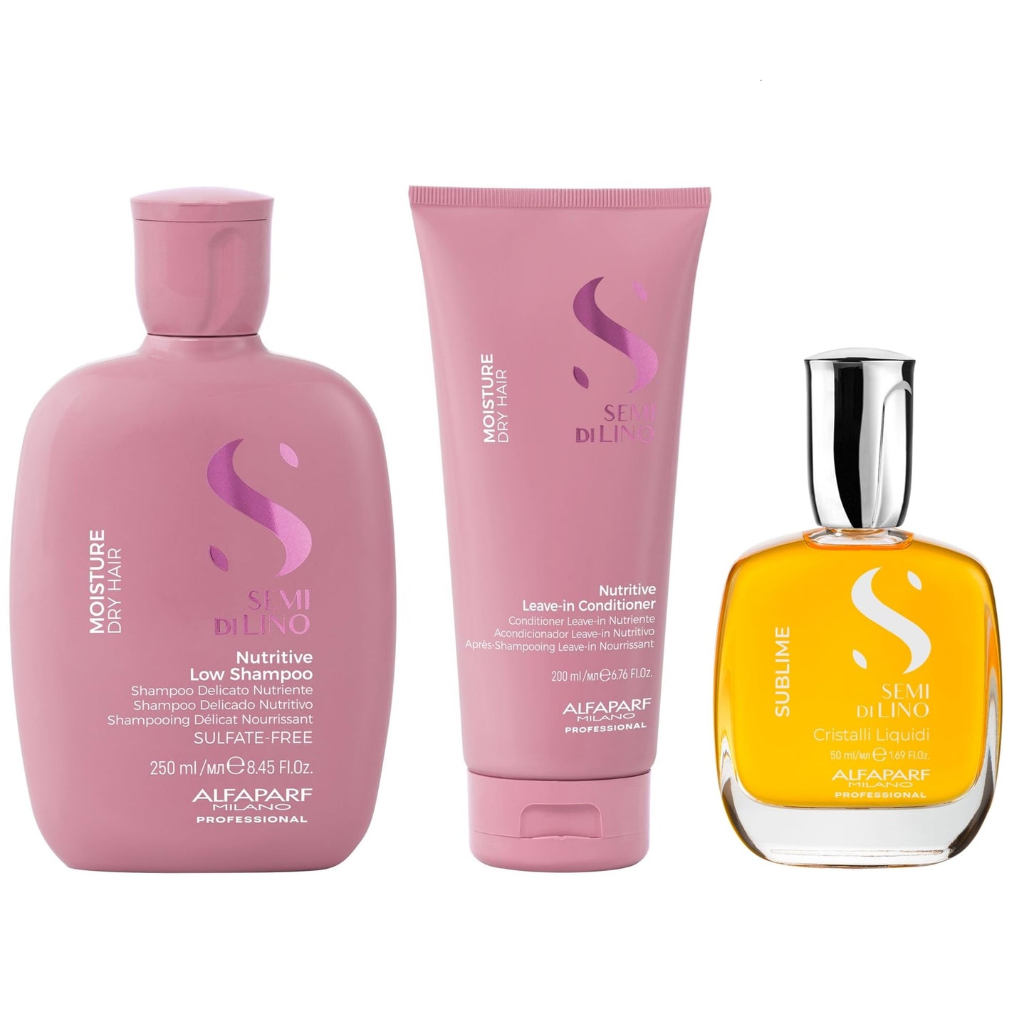 Alfaparf Milano Semi di Lino Moisture Shampoo and Leave-In Conditioner Set with Cristalli Liquidi Hair Oil Serum (50ml) for Dry Hair - Moisturizing - Sulfate Free - Hydrating - Adds Shine