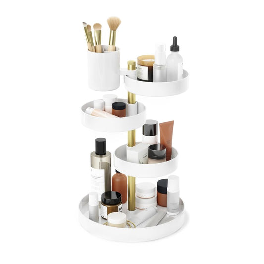 Umbra Pirouette Cosmetic Organizer, Large Capacity Makeup Storage with Adjustable Compartments, White/Brass