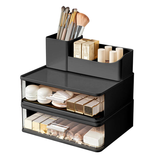 DASITON Makeup Organizer for Vanity with 2 Drawers, Stackable Cosmetic Organizer with Makeup Brush Holder, Plastic Bathroom Organizer Skincare Storage for Brushes, Eyeshadow, Lotions, Lipstick (Black)