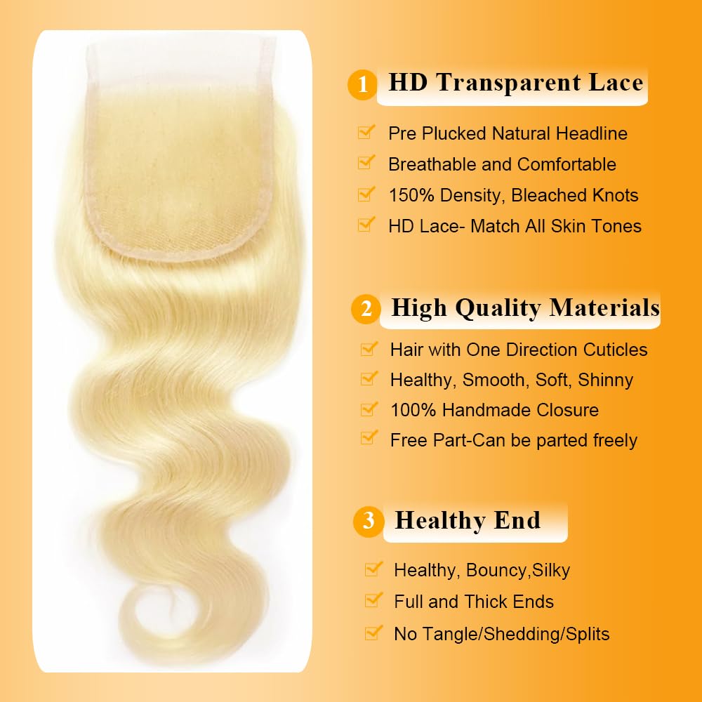 QTHAIR 18A Russian Blonde #613 Transparent Lace Frontal Closure 100% Russian Blonde Human Hair for Female (16", 613 Body Wave Closure)