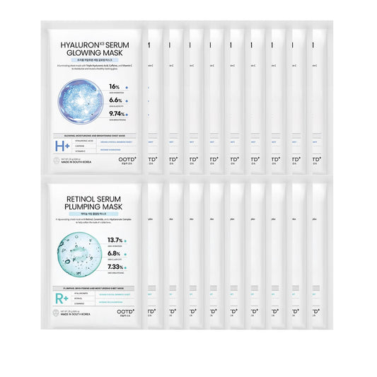 #OOTD Retinol + Hyaluron Serum Korean Sheet Mask Sheet Gift Pack [20 Count] Plumping Glowing Luminating Hydrating Rejuvenating Sheet Mask Gift Pack
