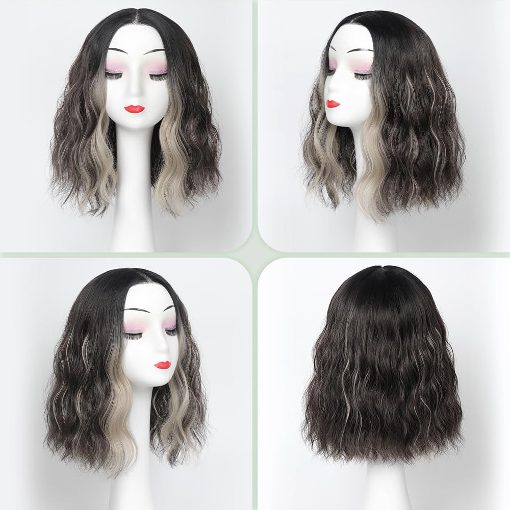 GUDOZO Short Wavy Wig for Women 14Inch Shoulder Length Curly Wavy Bob Synthetic Heat Resistant Fiber Wigs for Daily Party Use Black Mix Brown