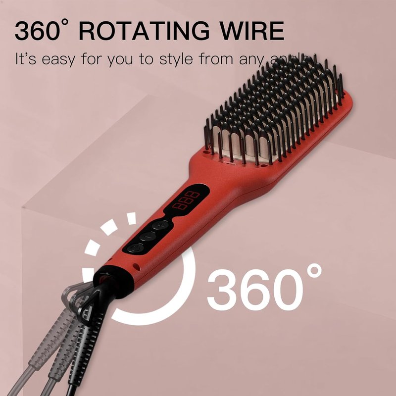 Ceramic Ionic Hair Straightener Brush - Fast 20s Heating, Auto-Off, Anti-Scald | Tomato Red