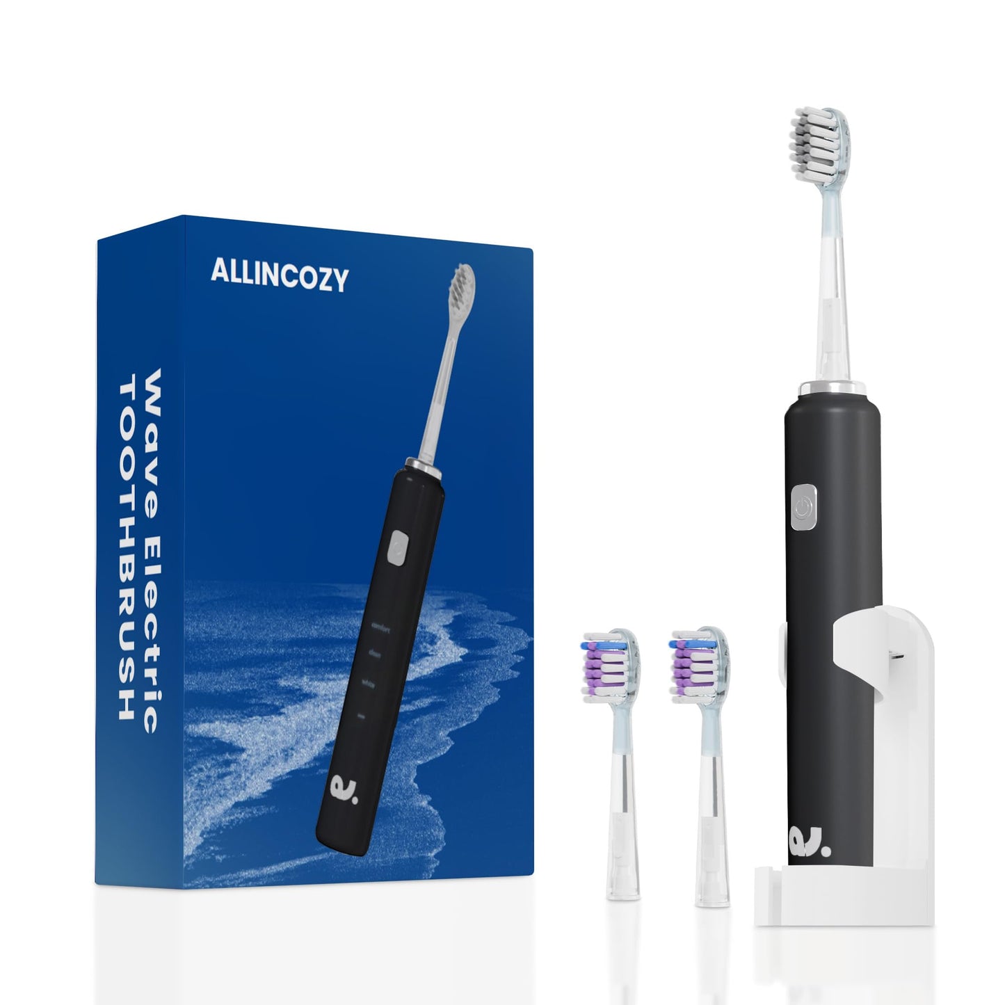 ALLINCOZY New Wave Oscillating Electric Toothbrush, Vibrating Wave Oral Brush, IPX7 Waterproof, Type-C, Gifts for Adults and Kids, Includes 3 Brush Heads and Wall Mount Bracket, Black