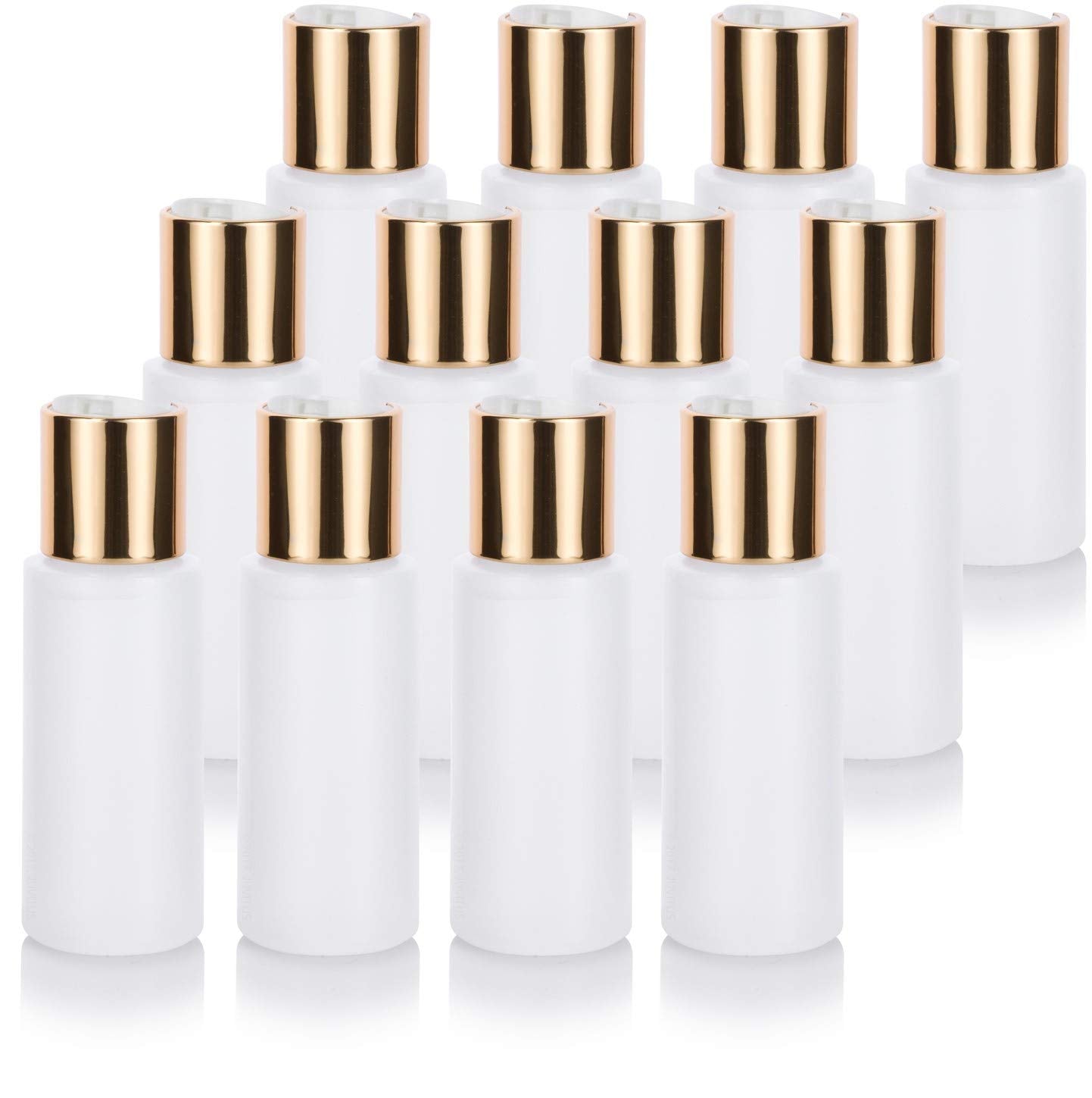 JUVITUS (12 Pack) 2 oz Clear Natural Refillable Plastic Squeeze Bottle with Gold Metal Disc Cap Top