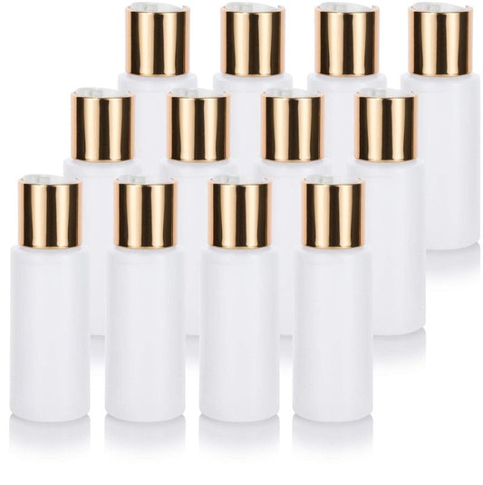 JUVITUS (12 Pack) 2 oz Clear Natural Refillable Plastic Squeeze Bottle with Gold Metal Disc Cap Top