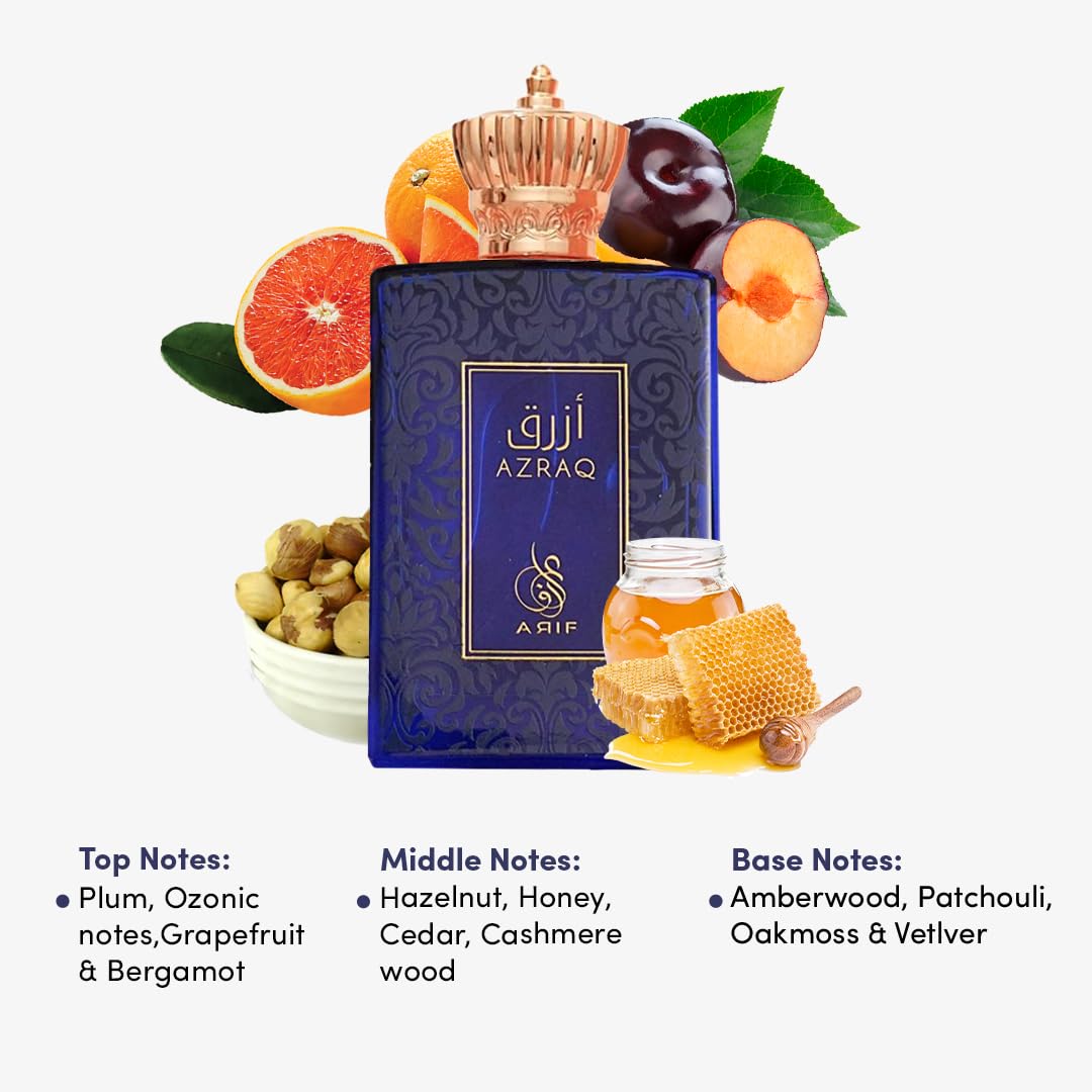 ARIF Azraq Perfumes – Fruity & Fresh Eau de Parfum for Men – Pear, Lavender, Lotus, Cinnamon, Black Vanilla Husk & Amber – Long-Lasting Fragrance – 3.4 oz