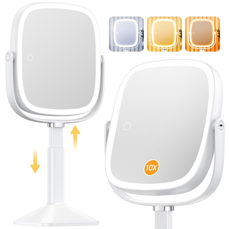 Lighted Makeup Mirror with 10X Magnification - Adjustable Height, 3 Color Modes, 4000mAh Battery | Large Surface for Bedroom or Bathroom - White