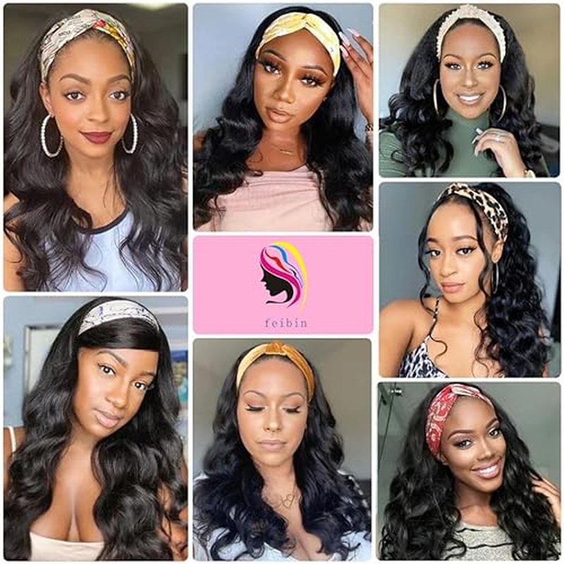 feibin Headband Wig Human Hair Wigs for Black Women Human Hair Headband Wig Body Wave 18 Inch Wear and Go Wigs Glueless Human Hair Wig Machine Made None Lace Front Wig Natural Color 150% Density