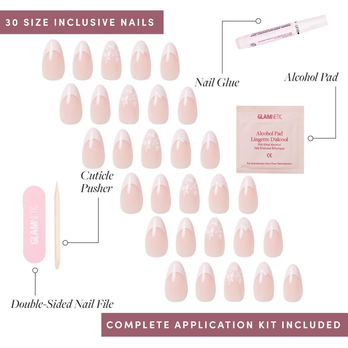 Glamnetic Press On Nails & Brush On Nail Glue Bundle - All Time Love | Short Almond Fake Nails with French Tips and Leaf Accents | 15 Sizes - 30 Nail Kit with Glue | Reusable, Salon-Quality Fake Nail