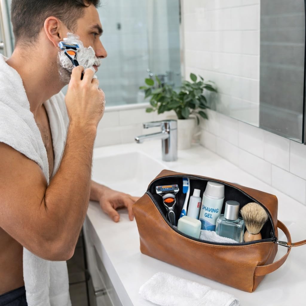 Buffalo Leather Dopp Kit - Travel Toiletry Bag for Men & Women | Zipper Closure, Tan Color