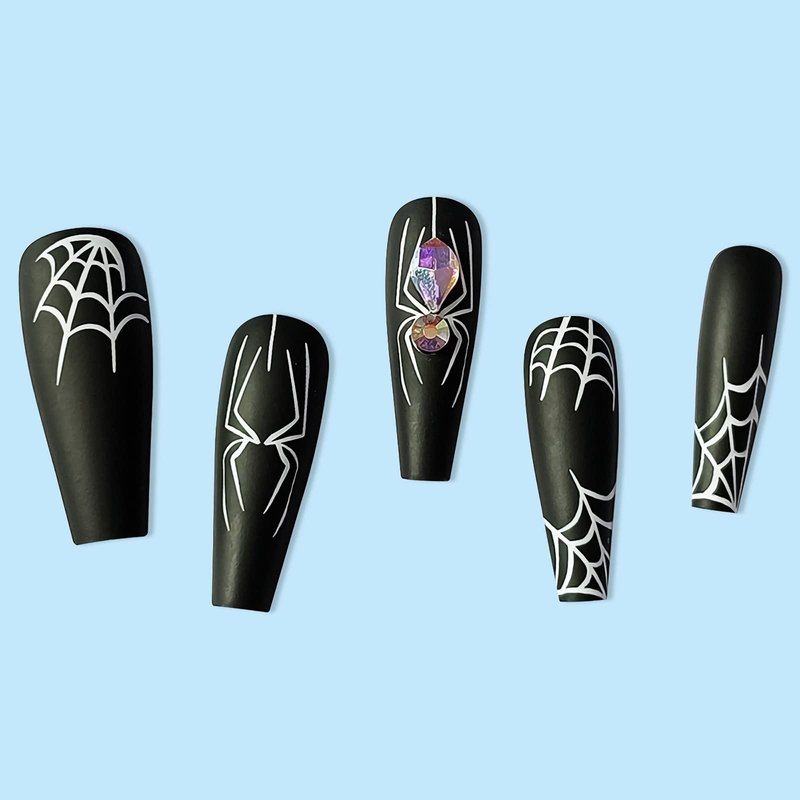 Black Halloween Press on Nails Long with Spider Web Designs, Full Cover Halloween Fake Nails Glossy Halloween Glue on Nails Long Halloween Nails for Women, 24 Pcs