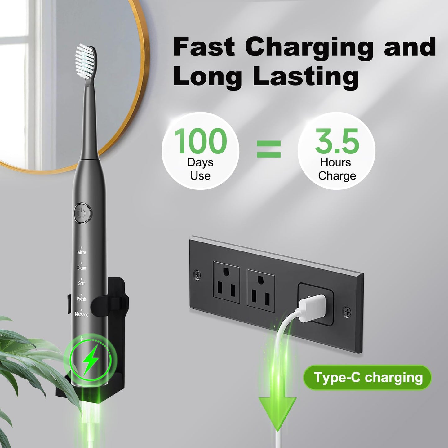 MAXWISDOM Rechargeable Electric Toothbrush, 8 Brush Heads, with 100 Day Battery Life, 5 Cleaning Modes, Fast Type-C Charging, Comes with Portable Travel Case & Holder, Black
