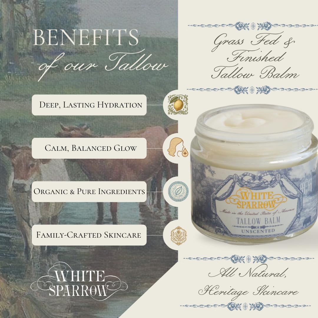 White Sparrow Farmacy Organic Grass Fed Tallow Balm - (Unscented) Organic Tallow from Grass Fed Cows & All Organic ingredients. For Face and Body. (2.0 oz)…