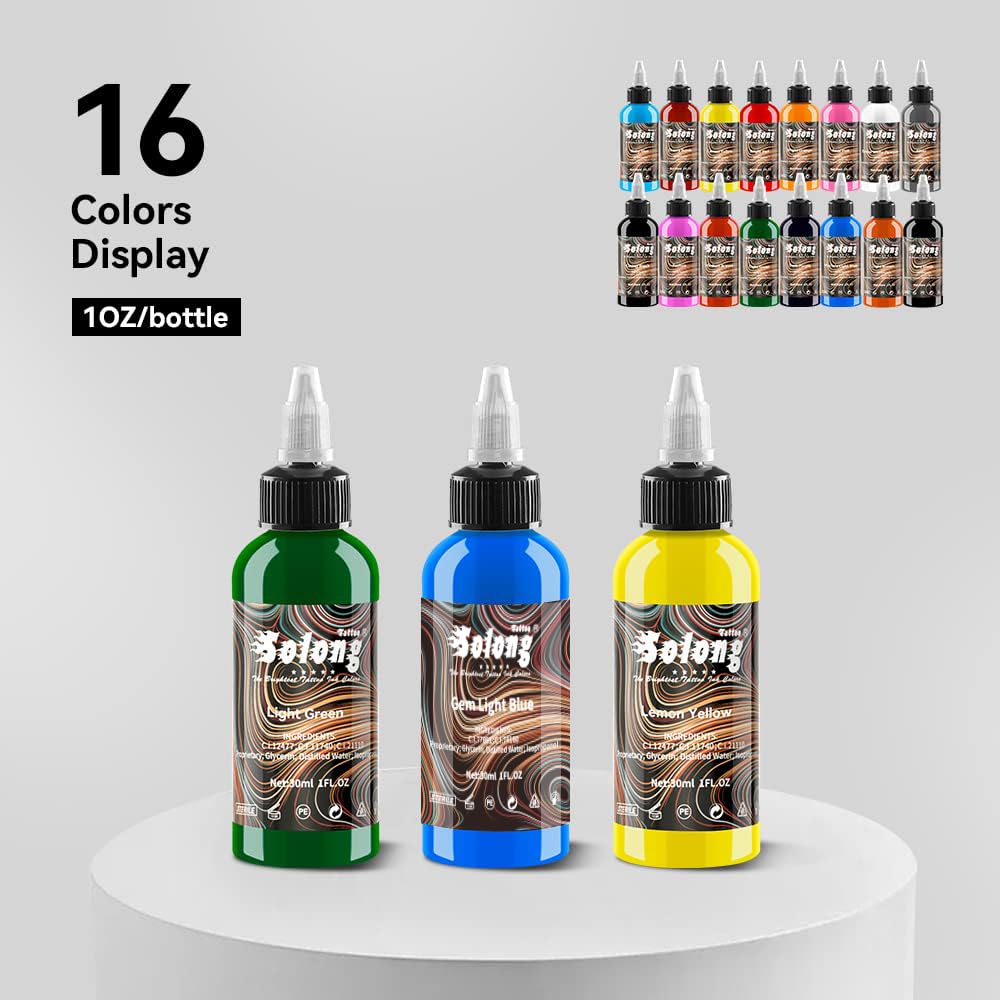 Tattoo Ink Color Set - 16PCS 1oz (30ml) Pigment Kit for Professional Tattooing | Vibrant Colors