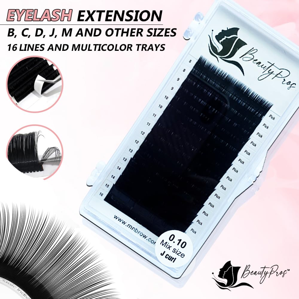 BeautyPros Professional Eyelash Extension Kit – Curl B,C,D,J & M - Volume Eyelash Extensions Supplies Mix Tray (8-16mm) - 0.03,0.05,0.07,0.015, 0.20mm Thickness (C-Curl - 0.07mm - Red)