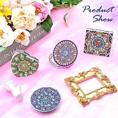 SPOKKI 4 Pcs Diamond Painting Compact Mirror, DIY Pocket Mirror with Mandala Diamond Painting Cover - Folding Purse Design, Portable Magnifying Mirror for Women Girls Kids