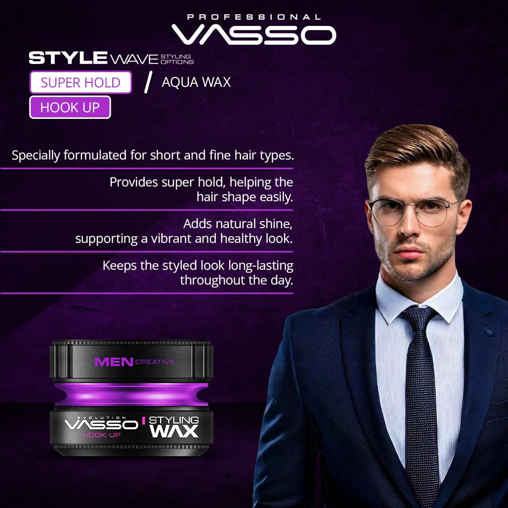 Vasso Hook Up Hair Styling Wax for Men, Super Strong Hold with Natural Shine, Water Based Hair Wax for Short & Thin Hair, Long Lasting Reworkable Styling Pomade, 5.07 fl oz (150 ml)