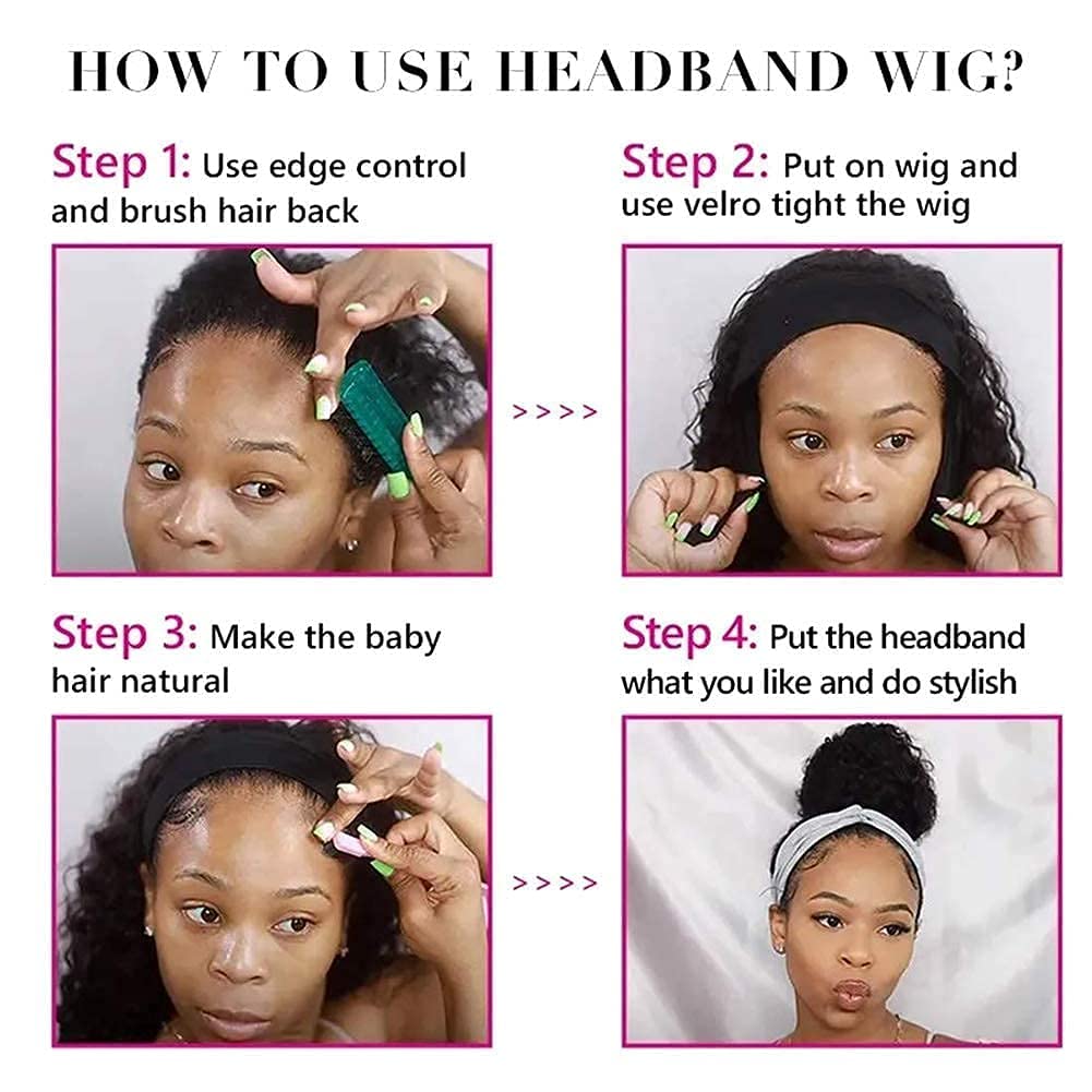 Headband Wig Human Hair 16 Inch Deep Wave Glueless Wig 1B# Natural Color