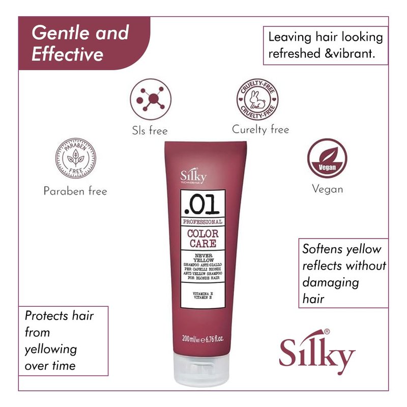 SILKY Technobasic Sulphate Free Anti-Yellow Shampoo - Acid pH Formulated Purple Shampoo for Blonde, Silver, and Gray Hair - Cruelty Free Vegan Friendly Clarifying Color Shampoo 200ml