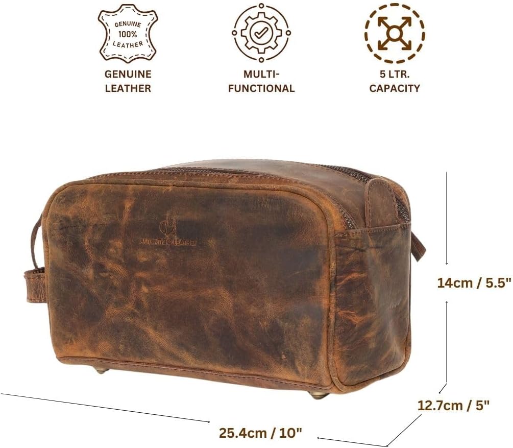 Toiletry Bag for Men - Genuine Leather Dopp Kit | Large Travel Organizer for Grooming Essentials in Distressed Brown