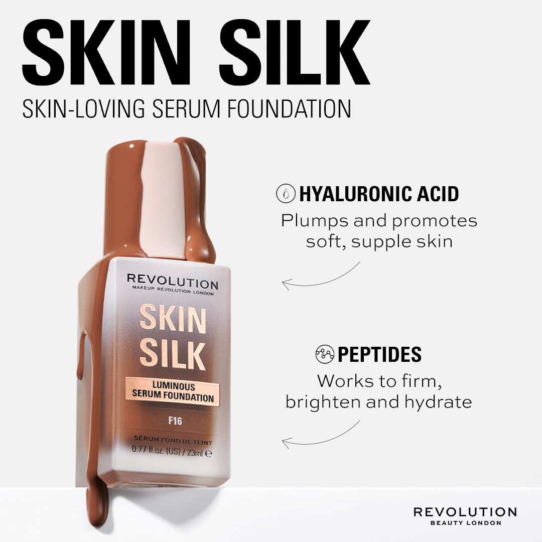 Revolution Skin Silk Radiant Satin Serum Foundation, Buildable Coverage with Hydrating Hyaluronic Acid for a Natural Finish, Vegan & Cruelty-Free, F4C Light Skin Tones, 0.77 fl oz