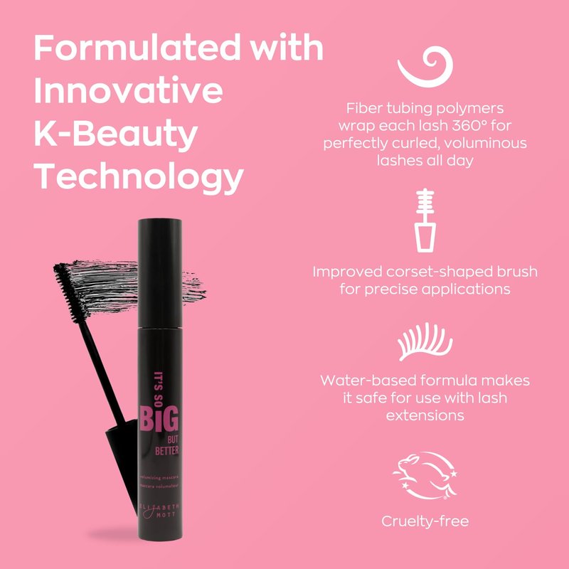 Elizabeth Mott Black Volumizing Mascara – Smudge-Proof, Lengthening Fiber Formula, Hourglass Wand – Clump-Free, Water-Resistant & Cruelty-Free – Safe for Lash Extensions, Long-Lasting, Full-Size 8ml