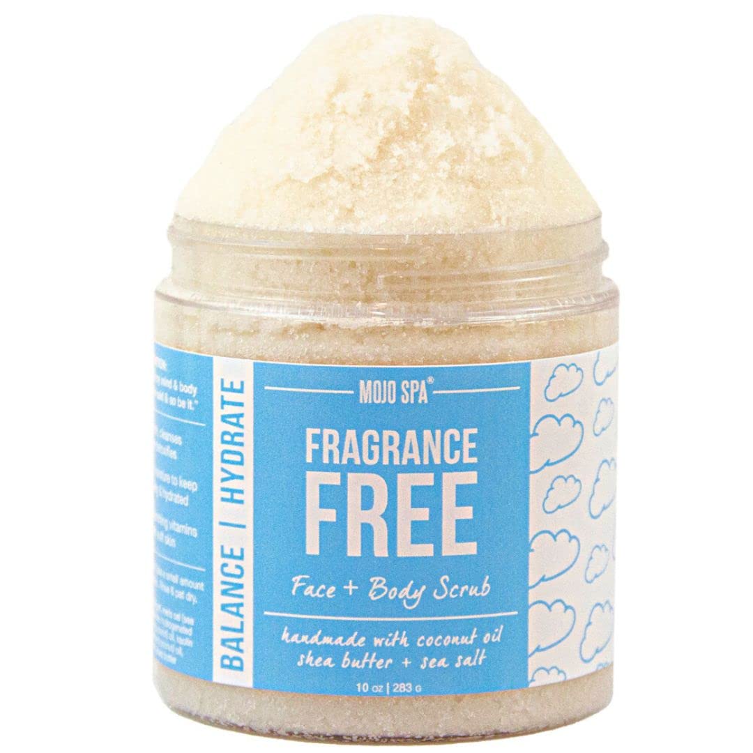 Mojo Spa Fragrance Free Face and Body Scrub | No Scent, Vegan Friendly | Moisturizing Sugar Based Exfoliator for Sensitive Skin | 10 oz