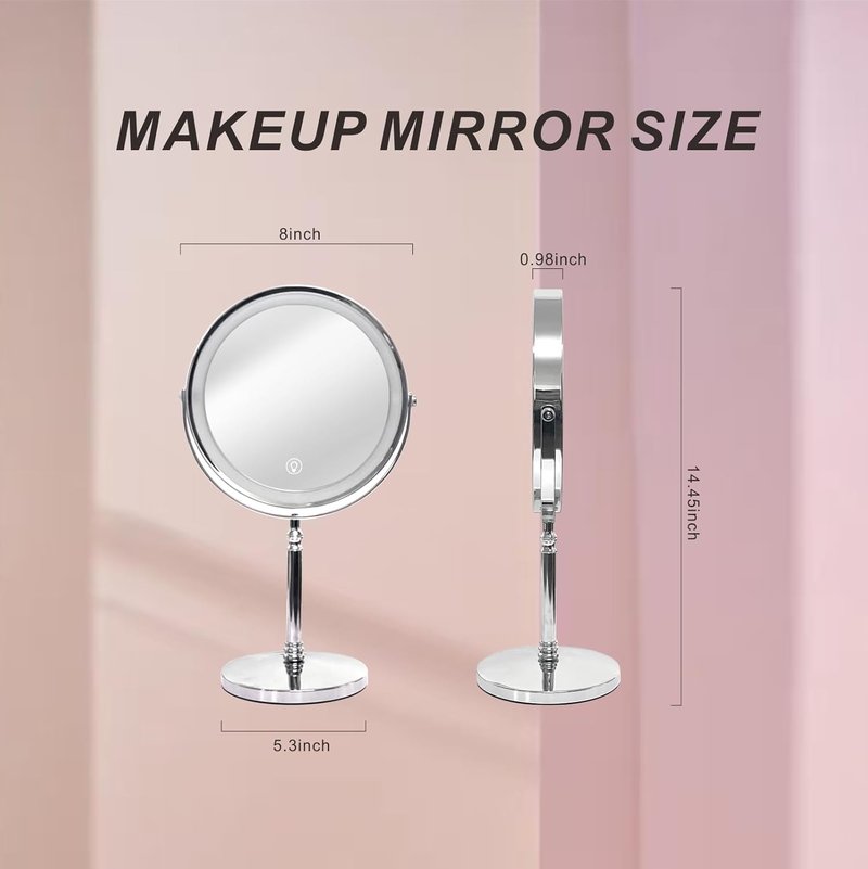 Makeup Mirror with Lights - 8 Inch 1X/10X Double-Sided Magnifying | 360° Rotation, Adjustable Brightness, 3 Colors