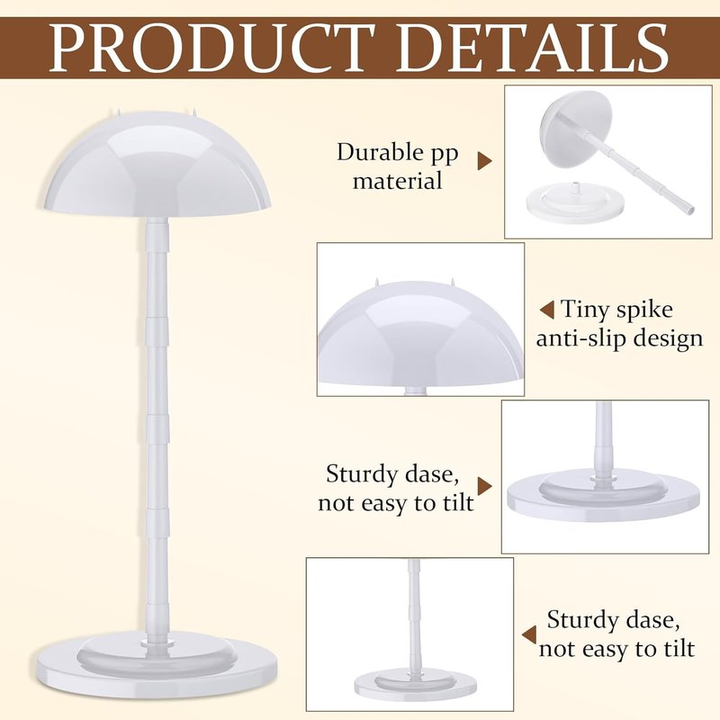 Adjustable Wig Stand Set - 8 Pcs Portable Plastic Holders for Display | 4.53 to 14.37 Inches, Non-Slip Design (White)