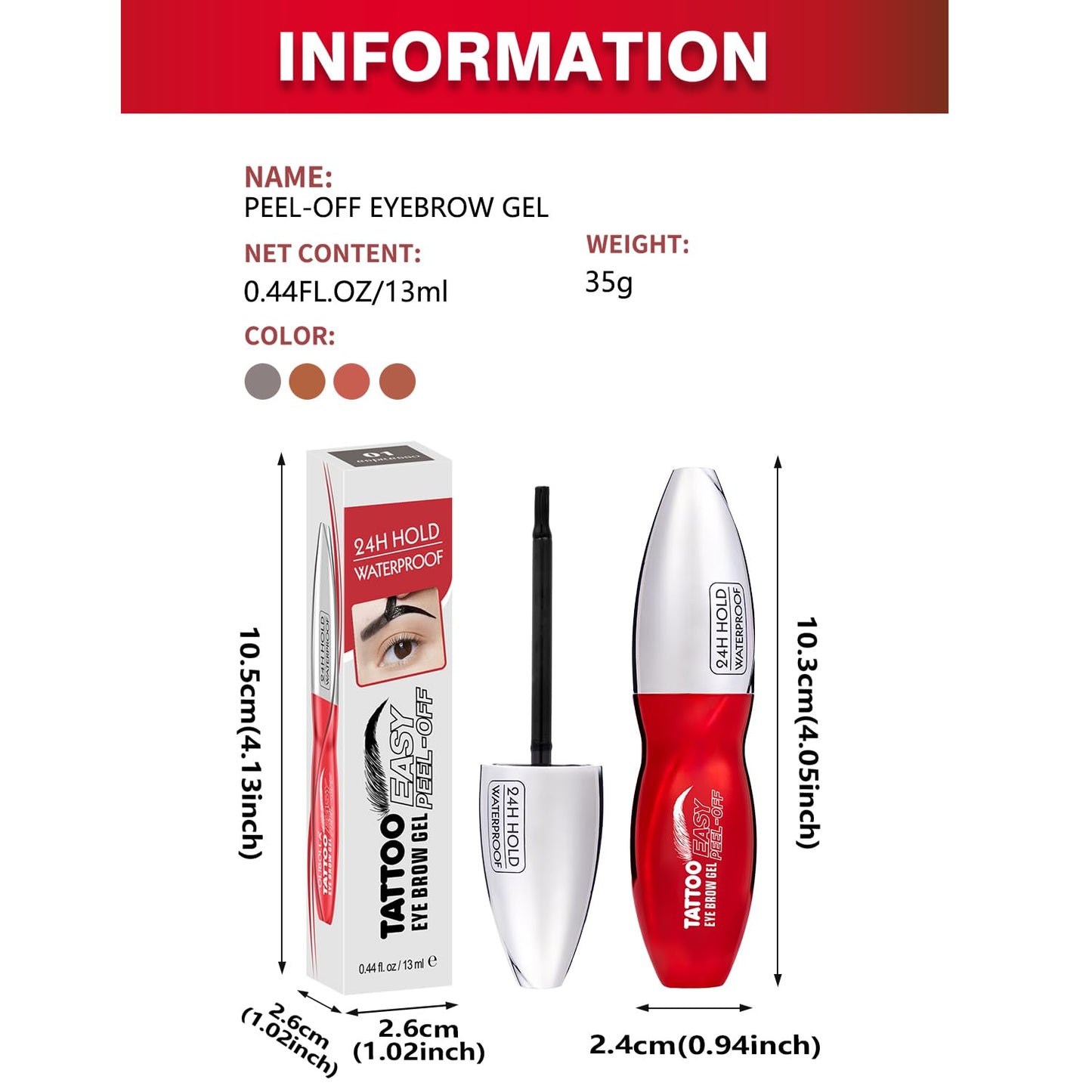 JUAAZIN Espresso Peel Off Brow Tinting Gel with Tweezer - Long-Lasting Tattoo Eyebrow Dye, Waterproof Sweatproof Smudge-Proof Transfer-Resistant Brow Filler Gel, Multi-Day Wear At-Home Brow Tint 04#
