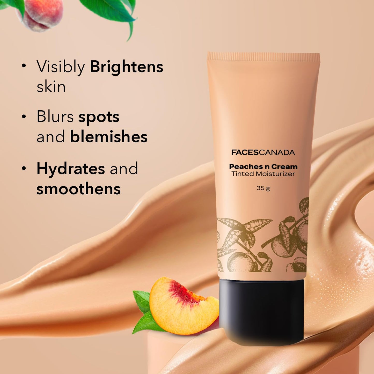 FACESCANADA Peaches n Cream Tinted Face Moisturizer | Lightweight Hydrating Formula with Natural Coverage & Radiant Glow | Blends Easily, Evens Skin Tone, Perfect for Daily Wear | 1.23 Oz (35g)