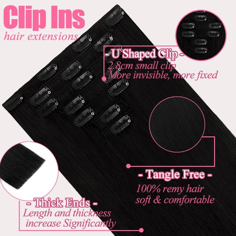 Clip In Hair Extensions - 18 Inch Straight Real Human Hair, Jet Black | 7Pcs, 95g Double Weft