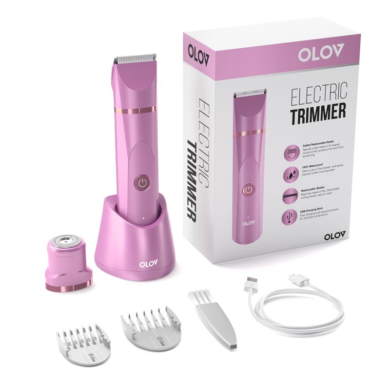 OLOV Electric Body Hair Trimmer - Groin Trimmer for Men - Bikini Trimmer Women - Wet/Dry Shaver Groomer, Replaceable Ceramic Blade Heads, USB Recharge Dock, Waterproof Hygiene Razor, Pink