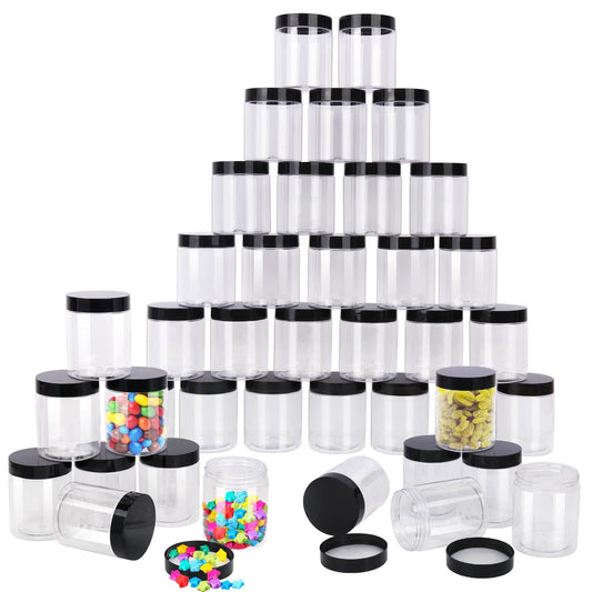 IHDYPPEW 48 Pack 8 OZ Clear Plastic Jars with Black Lids, Empty Plastic Mason Jars, Cosmetic Jar with Lids for Cream, Body Butters, Moisturizers, Candy, Beads, Samples (Clear)