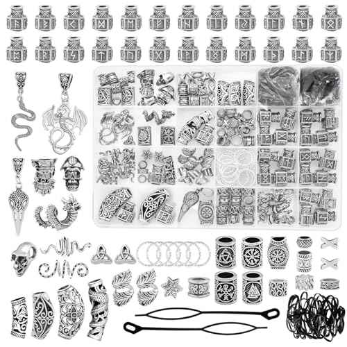 Fscwlmon 242PCS Vikings Hair Clips Jewelry for Women Men Norse Runes Tube Beads Loc Accessories Metal Braids Clip Cuffs for Dreadlock Viking Beard Hair Beads Bracelet Necklace DIY Pirate Decor Silvery
