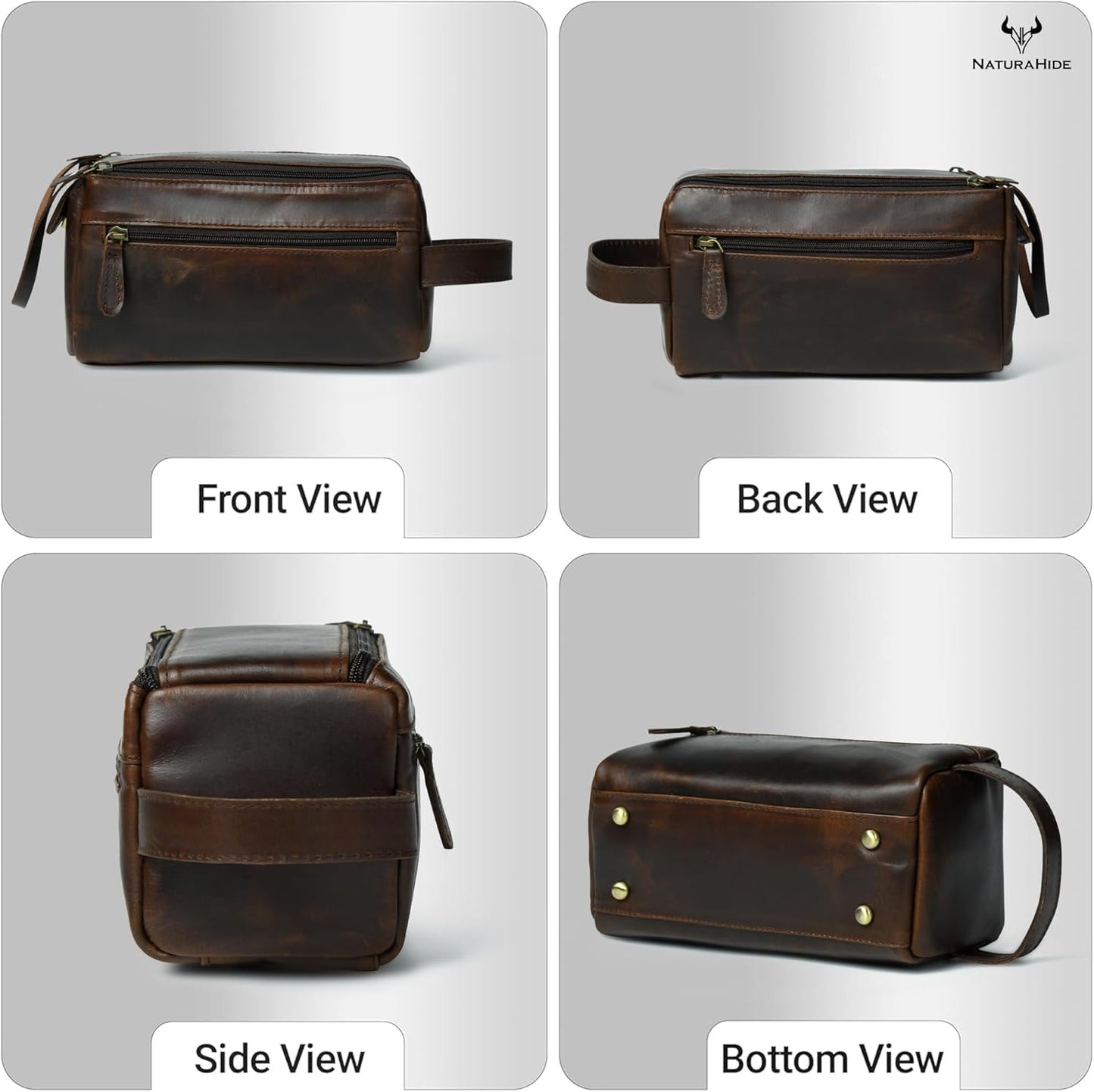 Leather Toiletry Bag for Men - Handmade Travel Kit with Durable Waxed Canvas Lining | Small Brown Shaving Organizer