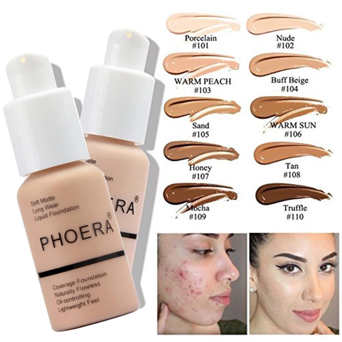 PHOERA Tinted Moisturizer Foundation Serum, 4-in-1 Hydrating, Primer, & Foundation, Hydrate skin Serum, PHOERA Foundation Face Powder