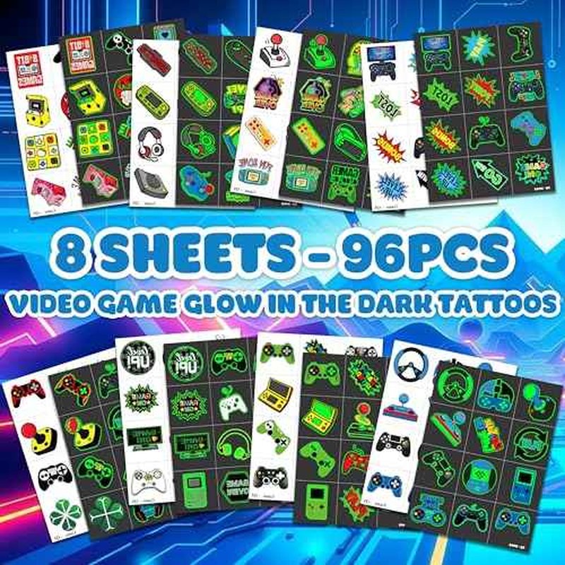 96 PCS Game Pre-Cut Luminous Glow in the dark Temporary Tattoos Themed for Kids Birthday Party Decorations Supplies Favors Decor Super Cute Tattoo Stickers Sticker Gifts for Games Boys Girls
