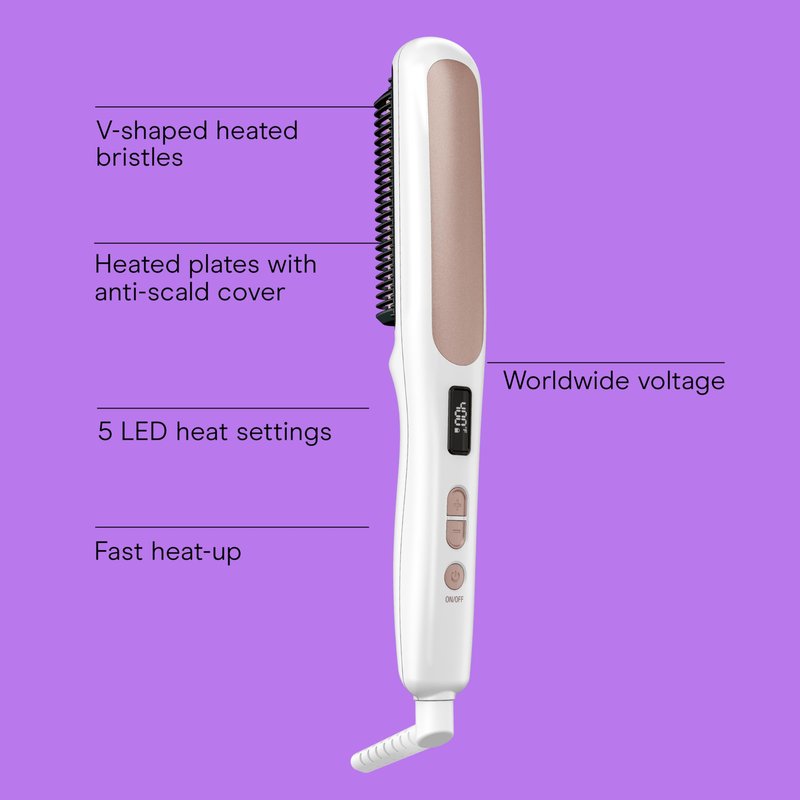 Conair Double Ceramic Hair Straightener Brush, Heated Straightening Brush for Smooth, Shiny Hair, V-Shaped Heated Bristles for Closer Contact, 5 LED Heat Settings, Dual Voltage, White